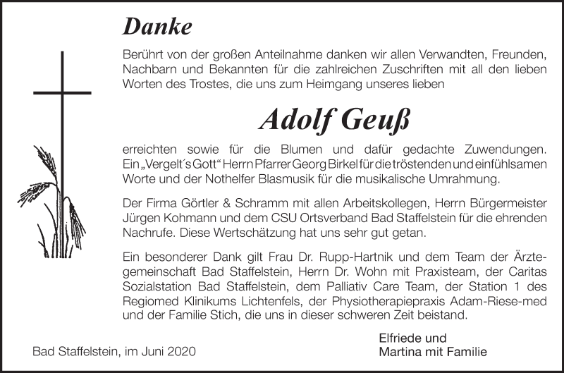 Traueranzeige für Adolf Geuß vom 20.06.2020 aus MGO