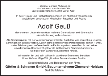 Anzeige von Adolf Geuß von MGO