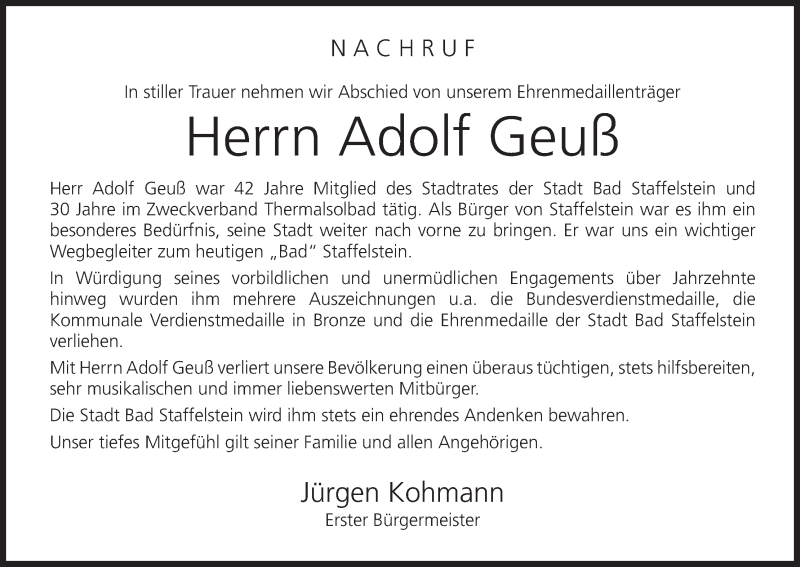  Traueranzeige für Adolf Geuß vom 06.06.2020 aus MGO