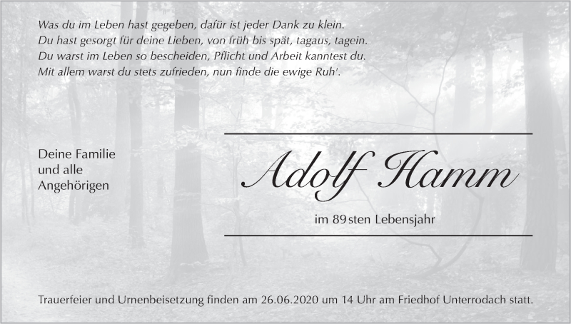  Traueranzeige für Adolf Hamm vom 20.06.2020 aus MGO