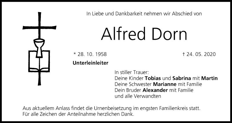  Traueranzeige für Alfred Dorn vom 06.06.2020 aus MGO