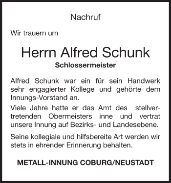 Anzeige von Alfred Schunk von MGO