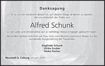 Anzeige von Alfred Schunk von MGO