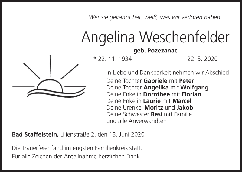 Traueranzeige für Angelina Weschenfelder vom 13.06.2020 aus MGO