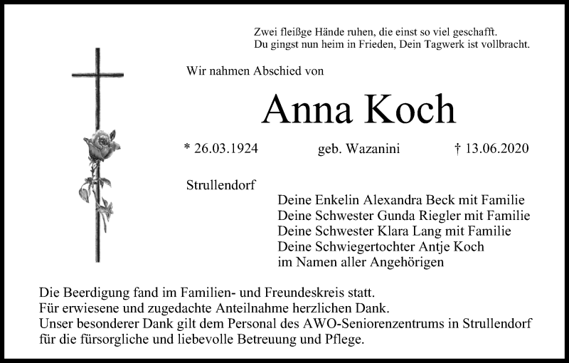  Traueranzeige für Anna Koch vom 20.06.2020 aus MGO
