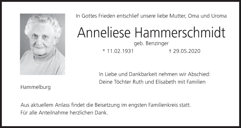  Traueranzeige für Anneliese Hammerschmidt vom 03.06.2020 aus MGO