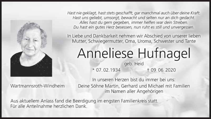  Traueranzeige für Anneliese Hufnagel vom 13.06.2020 aus MGO