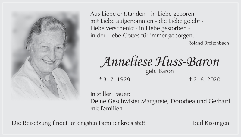  Traueranzeige für Anneliese Huss-Baron vom 06.06.2020 aus MGO