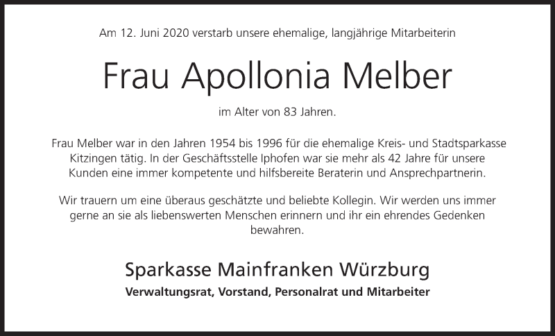  Traueranzeige für Apollonia Melber vom 23.06.2020 aus MGO