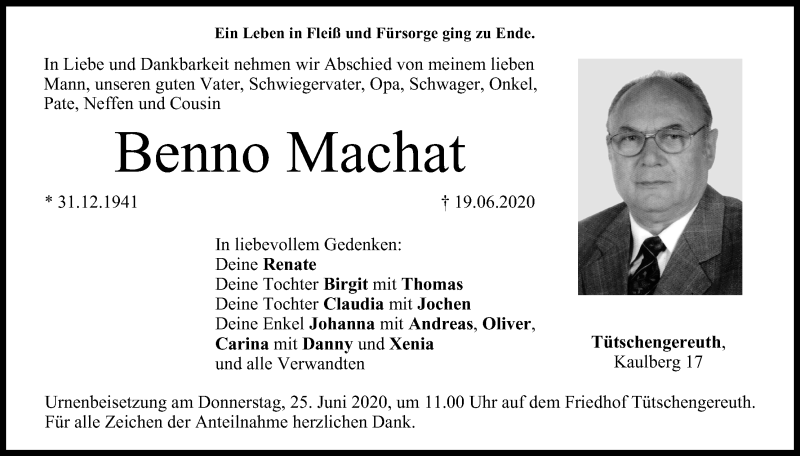  Traueranzeige für Benno Machat vom 20.06.2020 aus MGO