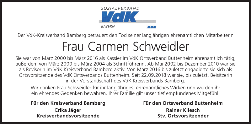 Traueranzeige für Carmen Schweidler vom 16.06.2020 aus MGO