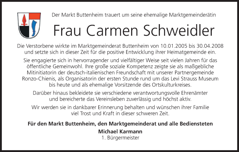  Traueranzeige für Carmen Schweidler vom 15.06.2020 aus MGO