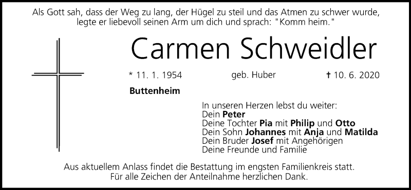  Traueranzeige für Carmen Schweidler vom 15.06.2020 aus MGO