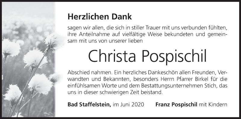  Traueranzeige für Christa Pospischil vom 13.06.2020 aus MGO