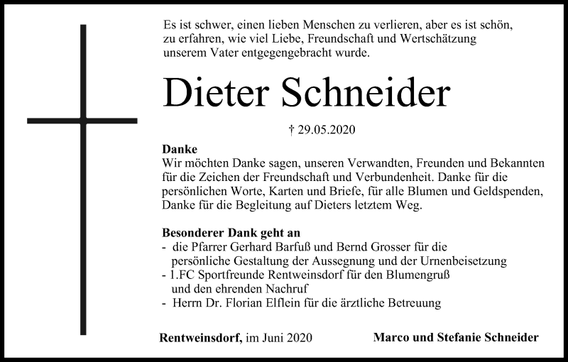  Traueranzeige für Dieter Schneider vom 20.06.2020 aus MGO