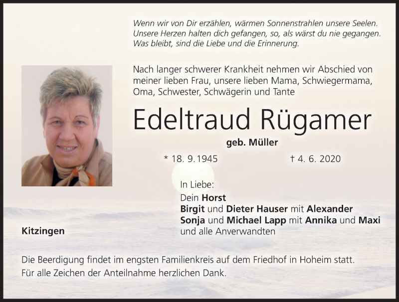  Traueranzeige für Edeltraud Rügamer vom 06.06.2020 aus MGO