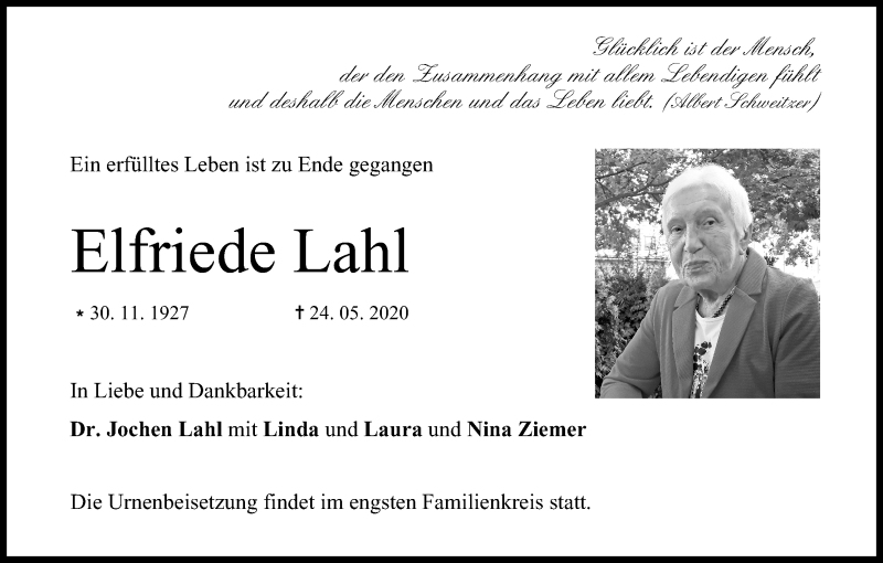  Traueranzeige für Elfriede Lahl vom 06.06.2020 aus MGO