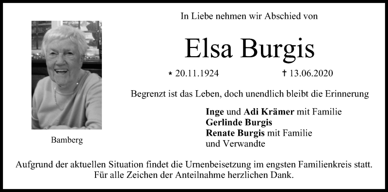  Traueranzeige für Elsa Burgis vom 20.06.2020 aus MGO