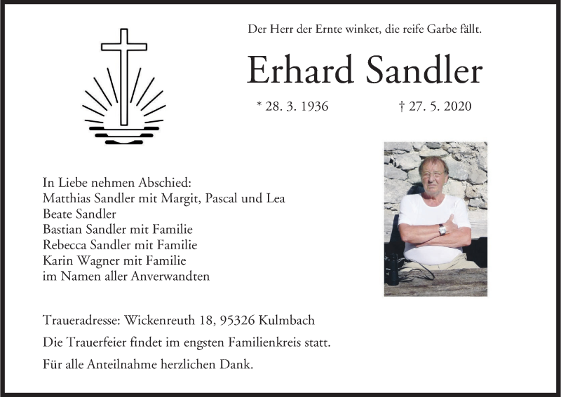 Traueranzeige für Erhard Sandler vom 27.06.2020 aus MGO