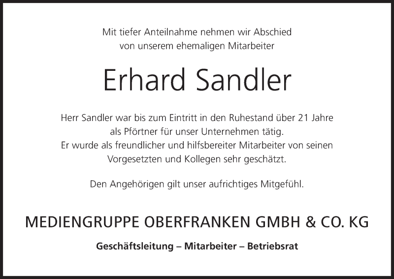  Traueranzeige für Erhard Sandler vom 27.06.2020 aus MGO
