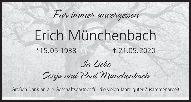  Traueranzeige für Erich Münchenbach vom 20.06.2020 aus MGO