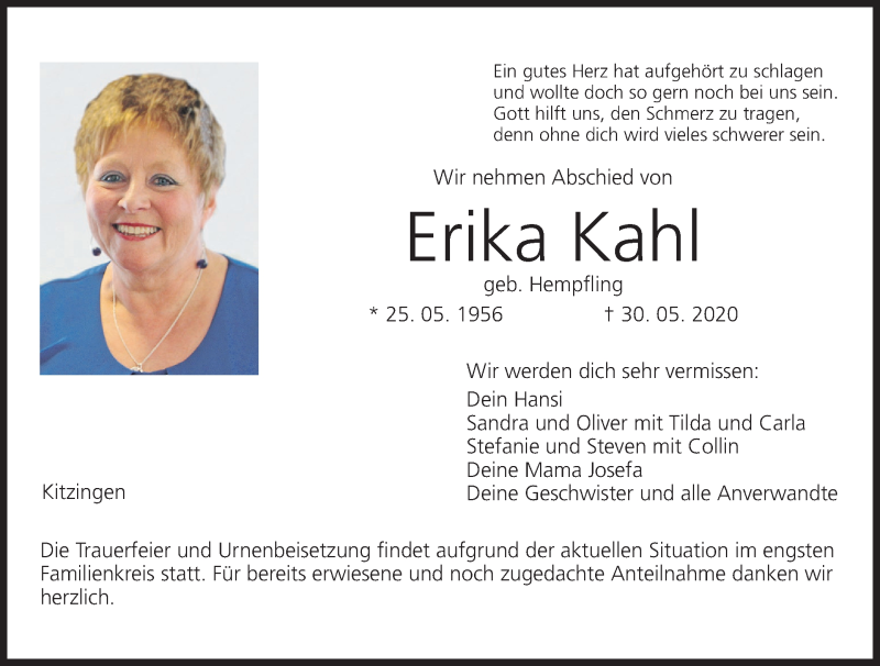  Traueranzeige für Erika Kahl vom 06.06.2020 aus MGO