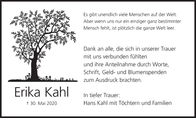  Traueranzeige für Erika Kahl vom 20.06.2020 aus MGO