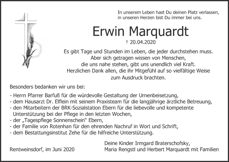  Traueranzeige für Erwin Marquardt vom 06.06.2020 aus MGO