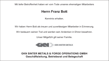 Anzeige von Franz Bott von MGO