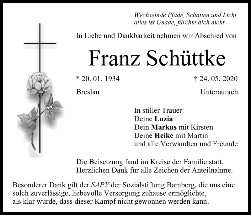 Traueranzeige für Franz Schüttke vom 06.06.2020 aus MGO