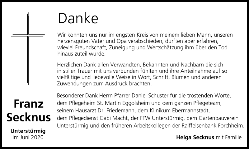  Traueranzeige für Franz Secknus vom 06.06.2020 aus MGO