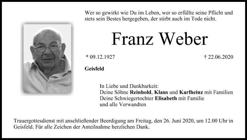  Traueranzeige für Franz Weber vom 24.06.2020 aus MGO