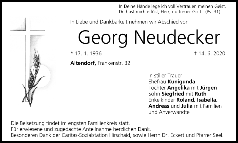  Traueranzeige für Georg Neudecker vom 17.06.2020 aus MGO