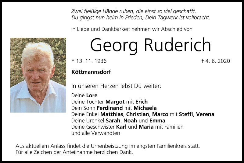  Traueranzeige für Georg Ruderich vom 13.06.2020 aus MGO