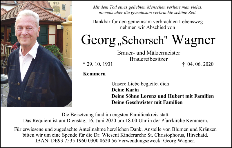  Traueranzeige für Georg  Wagner vom 13.06.2020 aus MGO