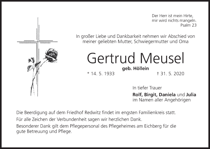  Traueranzeige für Gertrud Meusel vom 06.06.2020 aus MGO