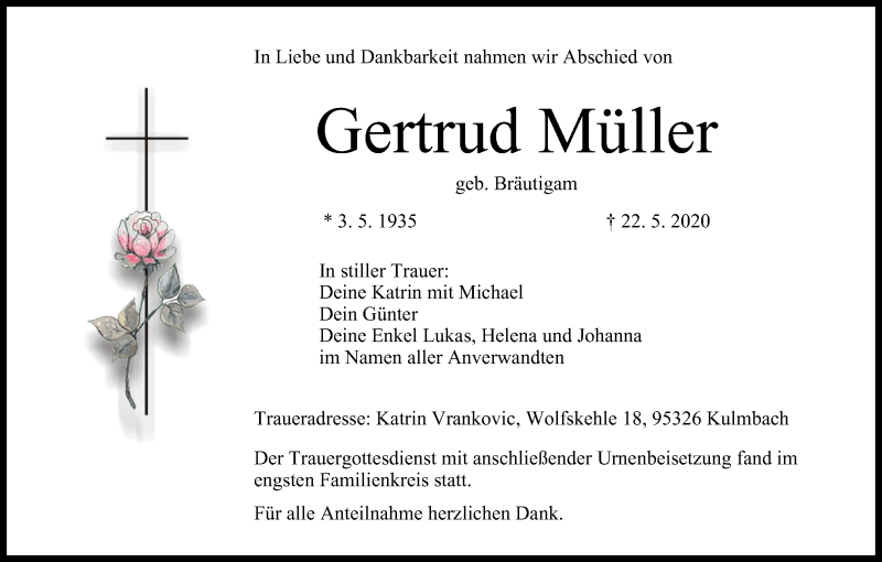  Traueranzeige für Gertrud Müller vom 06.06.2020 aus MGO