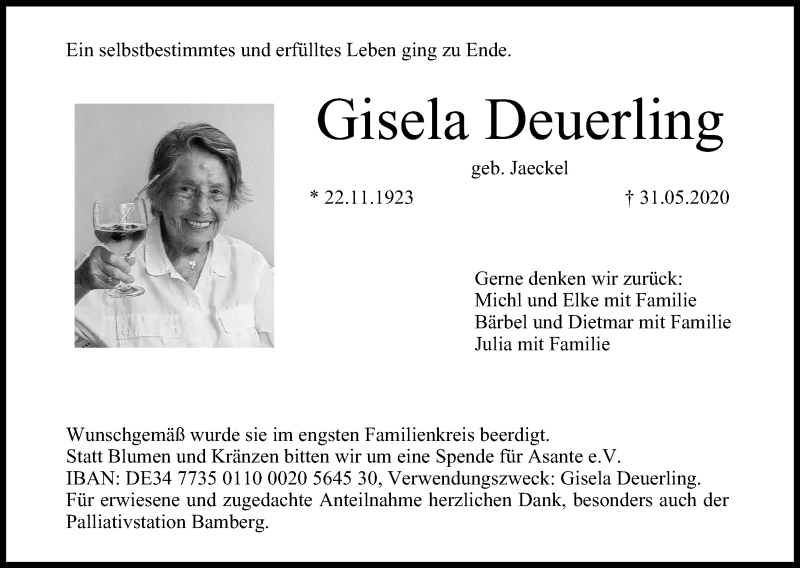  Traueranzeige für Gisela Deuerling vom 06.06.2020 aus MGO
