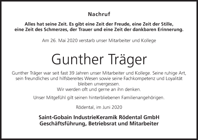  Traueranzeige für Gunther Träger vom 04.06.2020 aus MGO