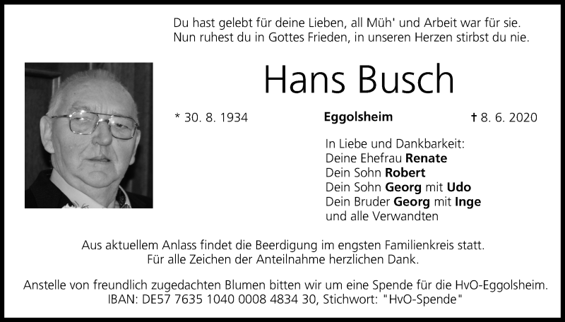  Traueranzeige für Hans Busch vom 09.06.2020 aus MGO