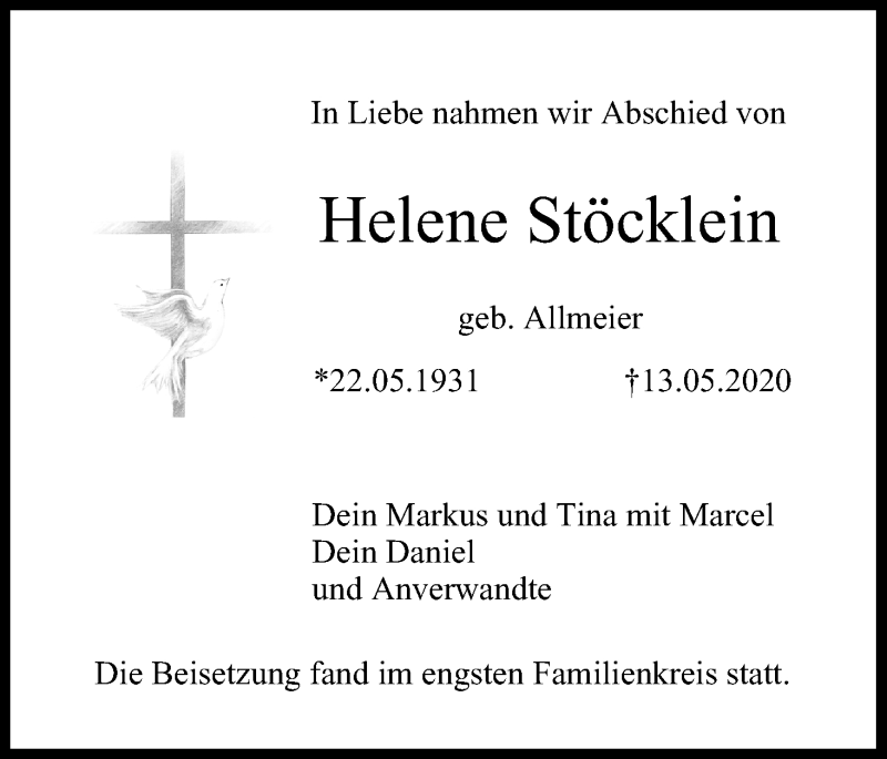  Traueranzeige für Helene Stöcklein vom 13.06.2020 aus MGO