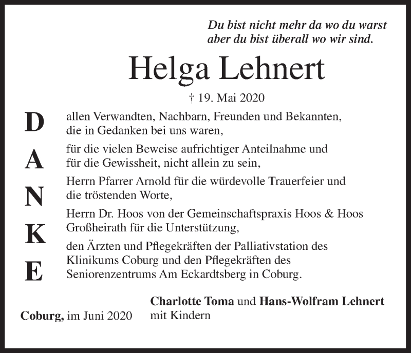  Traueranzeige für Helga Lehnert vom 20.06.2020 aus MGO