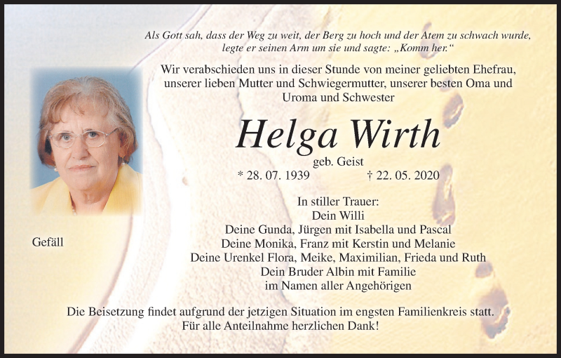  Traueranzeige für Helga Wirth vom 03.06.2020 aus MGO