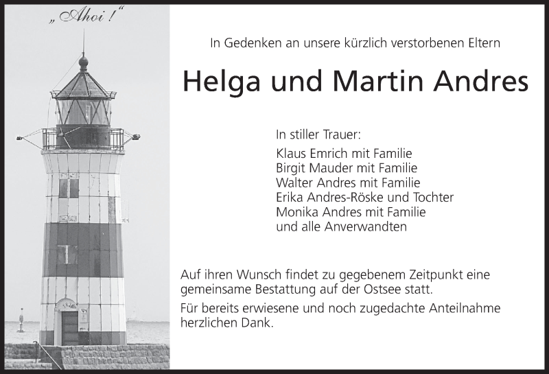  Traueranzeige für Helga und Martin Andres vom 20.06.2020 aus MGO