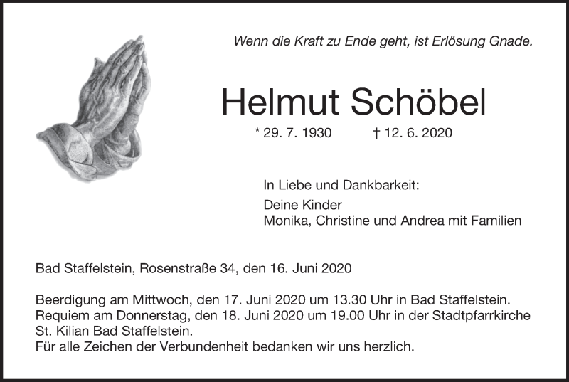  Traueranzeige für Helmut Schöbel vom 16.06.2020 aus MGO