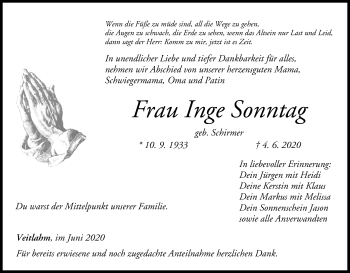 Anzeige von Inge Sonntag von MGO