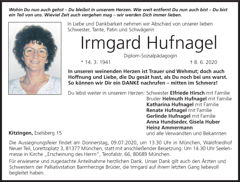  Traueranzeige für Irmgard Hufnagel vom 20.06.2020 aus MGO