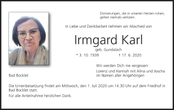 Anzeige von Irmgard Karl von MGO