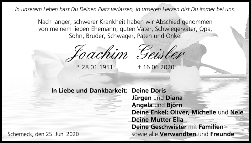  Traueranzeige für Joachim Geisler vom 25.06.2020 aus MGO