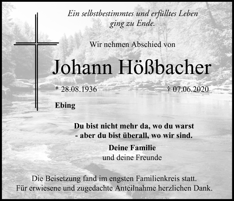  Traueranzeige für Johann Hößbacher vom 27.06.2020 aus MGO